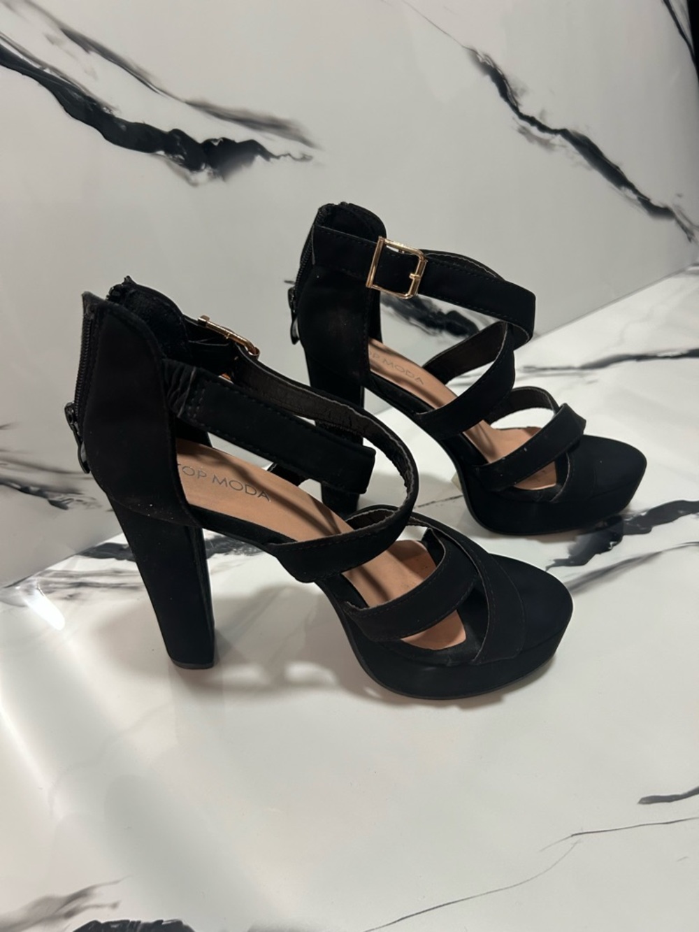 TOP Moda Black Suede Strappy Platform Heels with Ankle Buckle